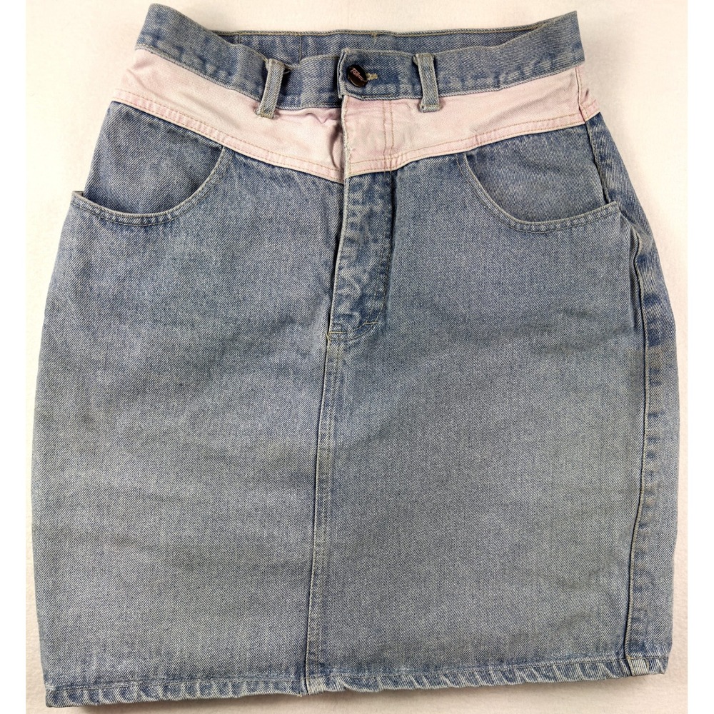 Vintage Y2K Taboo Denim Mini Skirt Womens 27 Blue Pink Western Yoke Pencil Retro